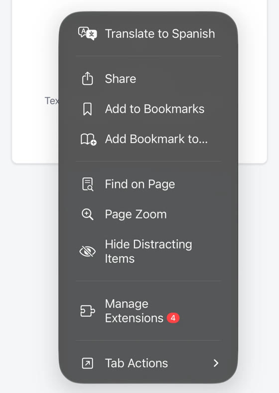 Safari page menu with Share, Add to Bookmarks and Find on Page options