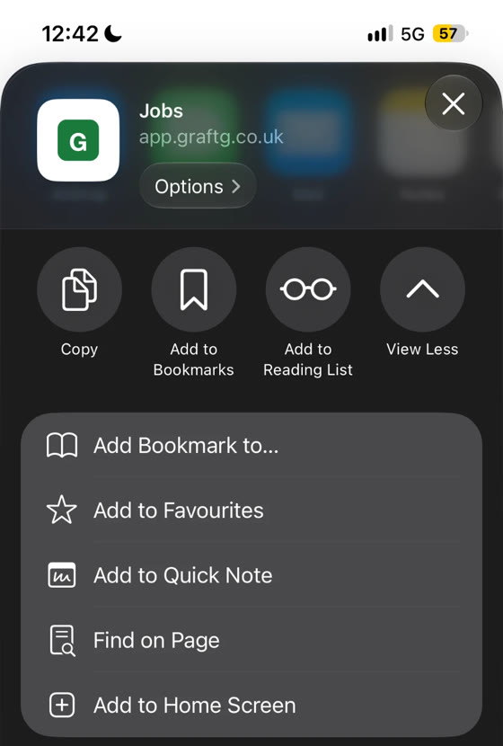 iPhone share sheet for app.graftg.co.uk with Add to Home Screen at the bottom of the list