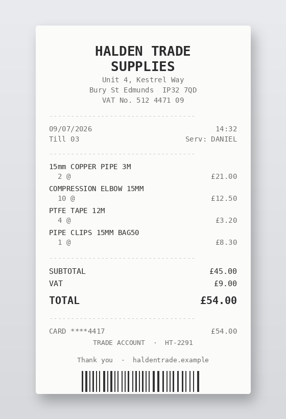 Photo of a trade counter receipt from Halden Trade Supplies for £54.00 including £9.00 VAT